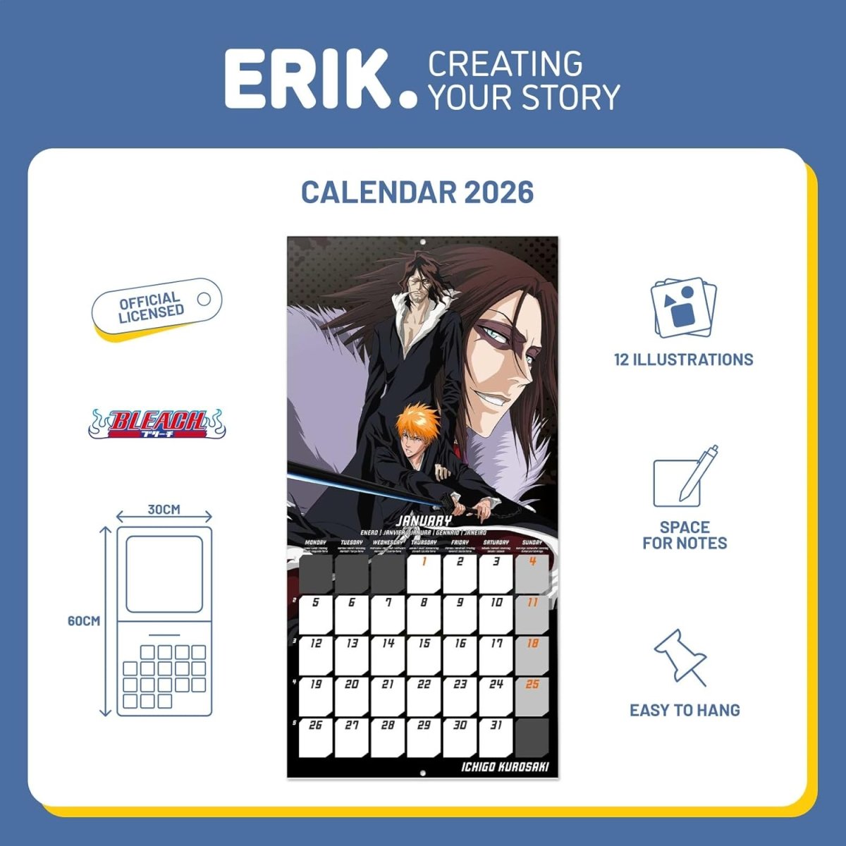 SALE! Wall Calendar 2026 - Bleach Calendar 2026 | Square 30 x 30 cm - 12 x 12 inches - Inspire Newquay